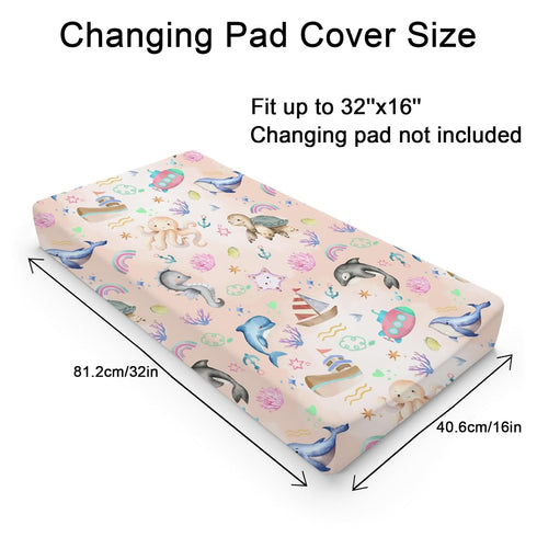 Colorful Sea Animals Baby Changing Pad Covers for Boys & Girls 32''x16'' Ocean Whale Dolphin Turtle Sea Horse Corals Unisex Fitted Changing Pad Sheets Nautical Life Soft Diaper Change Table Mats