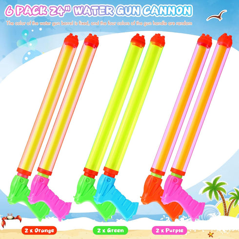 6 Pcs 24" Water Gun Cannon, Colorful Plastic Water Shooters for Outdoor Pool, Beach, and Backyard Play
