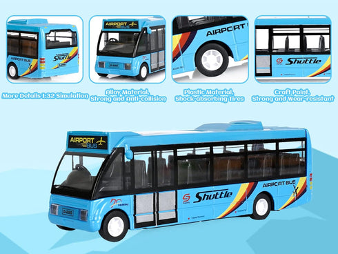 City Bus Toys Cars, Die-Cast Metal Airport Cars for Boys 3-8 Years Old, Pull Back Blue Play Vehicle with Sound