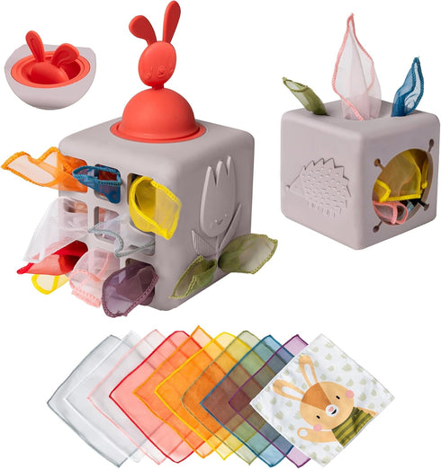 Taf Toys Baby Tissue Box Montessori Toys for Babies - Silicone Sensory & Motor Skills Development Toy with 10 Fabric