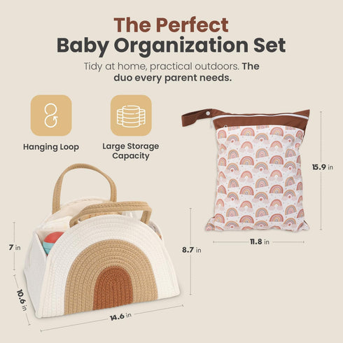 Bluki Diaper Caddy Organizer + Wet Bag - Cotton Rope Diaper Caddy Basket - Diaper Bag Organizing Pouches - Gift