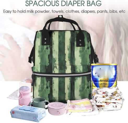Nevjipu Backpack Mommy Backpack, Baby Doll Diaper Bag - Splash Green Vertical Stripes Print Bag, Fashion Tactical