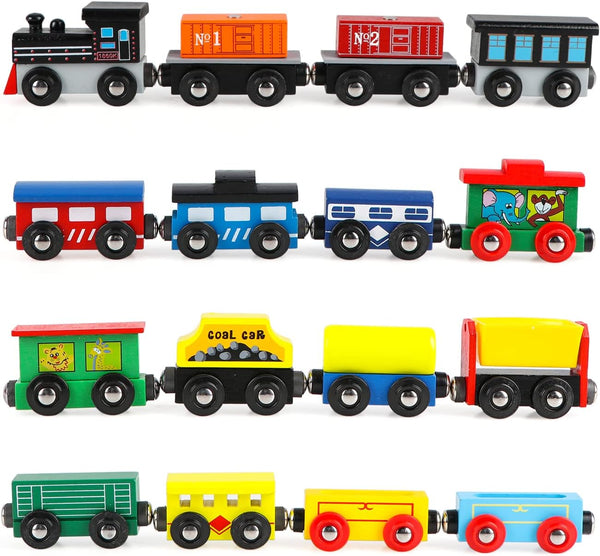 Wondertoys Wooden Train Set 16 PCS Train Toys Magnetic Set Includes Storage