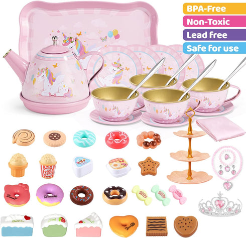 Set 49PCS Teaset 3-8 iAOVUEBY Tea Party for Little Girls, Princess Tea Time Toys Including Dessert Carrying Case, Kids