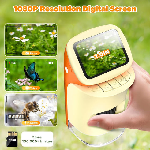 Uarzt 1000X 2.0" 5-12 Kids Microscope, Digital Handheld Microscope w/Slides Full Color Manual, Screen Mini Rechargeable