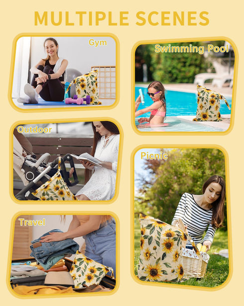 3 Pack, Clothes(Sunflower,Lemon,Stripe),3LN43-B babygoal Wet Dry Bags Waterproof Travel Bags for Swimsuits, Beach