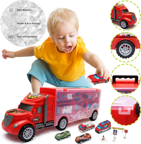 JODUDLR 3-4 Set 12-in-1 3-7,Red Toddler Toys for Year Old Boys,Large Transport Cars Carrier Truck Toys with Vehicles