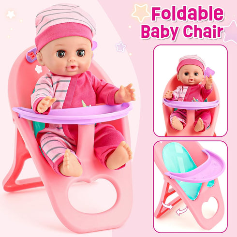 12in Set 20pcs Bag/Cradle/2 3 4 5 6 Golray Girl Baby Doll Crib and High Chair - Sound&Pee Interactive Baby Doll