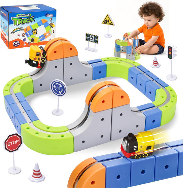 Aotonow 58PCS Electric Magnetic Train Track Sets DIY Race Car Track Building Kits
