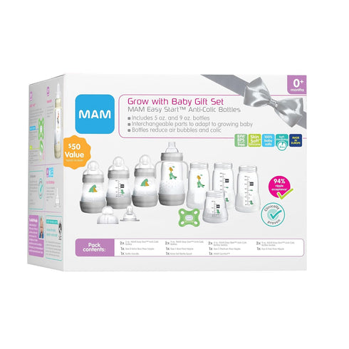 MAM Set 0-4 4 Pack Grow with Baby Gift with Month Bottles, Nipples, Pacifier, and Extra Slow & Slow Flow Nipple