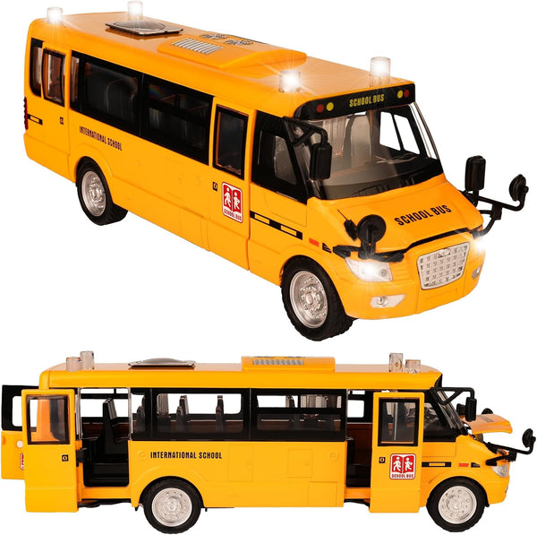 9" Large Bright Yellow School Bus, Pull Back Light Up and Sounds Die-cast Metal Toy Vehicle for Kids