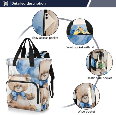 SUABO Backpack Baby Diaper Bag Watercolor Bear with Blue Bow Large Bag Waterproof Travel Diaper Bags for Moms and Dads