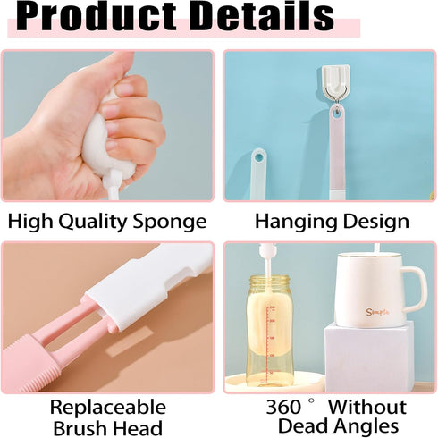 5PCS (5 Spong Bottle Brush Cup Brushes Sponge Baby Bottle Brushes Long Handle Cup Scrubber Brush Portable Sponge