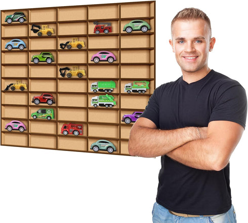 1 Pc 50 Space Toy Car Display Case, Wooden Wheels Shelf Wall Mounted Storage for Cars, Collectibles, Toy Figurines