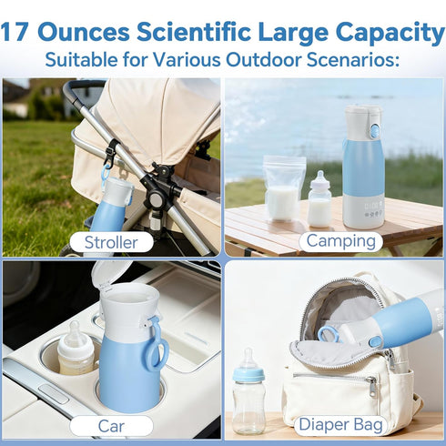 17oz 16000mAh Portable Bottle Warmer for Travel - Portable Milk Warmer for Baby with Patent-Designed Formula Storage