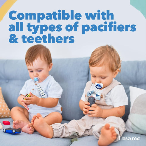 Liname 4 Pack Neutral Pacifier Clip with Teething Toy - Unisex Baby Binky Holder and Soothie Paci Clip (Blue)