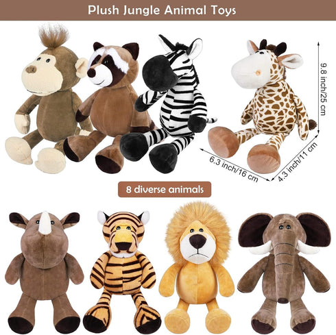 Elcoho 8 Pieces Safari Stuffed Animals Plush Jungle Animal Toys, 9.8 Inch Zoo Stuffed Animals Set for Animal Themed