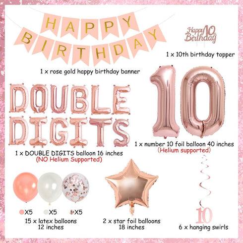 10th Birthday Decoration Girl, Rose Gold Double Digits 10 Birthday Decorations with Balloons and Cake Topper