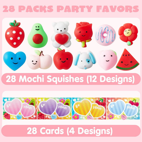 28 Packs JOYIN Valentines Day Gift Cards with Mochi Squishy Toys, Kawaii Mochi Squishy Toy to Squeeze Stress Relief