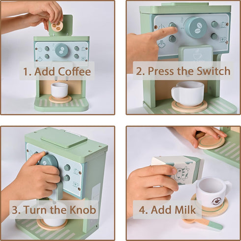 Kids Wooden Toys Toddler Pretend Play Kitchen Accessories - Green Coffee Maker Espresso Machine Playset