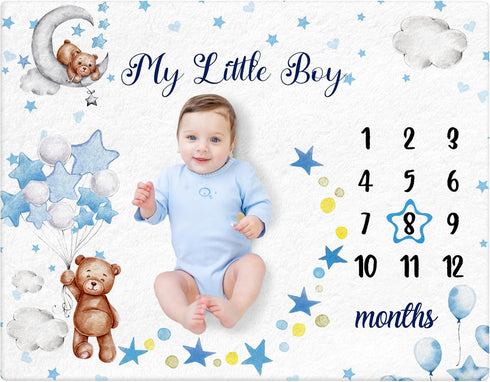 Mindsoft Sleeping Bear Monthly Baby Milestone Blanket Bear Star Balloon Flannel Blanket Boy