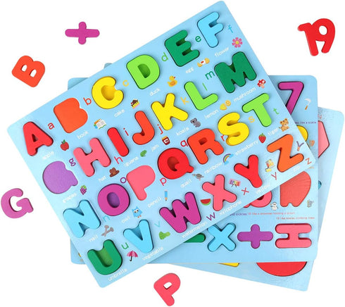 Alphabet and Number Puzzle Set, Wooden Upper Case Letter and Shape Learning Puzzles for 3-5 Year Olds
