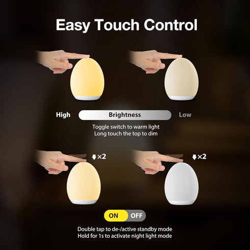 7 Dimming, 1h JolyWell Night Light for Kids, Baby Egg Light with Colors Changing Mode & Stepless Nursery Night Lamp BPA