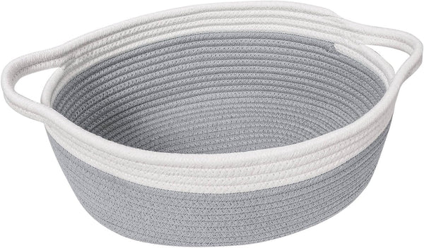 Goodpick Small Woven Storage Basket with Handles, Cotton Rope Baskets for Gifts, Dog Toys, Diapers, Gray, 12" x 8" x 5"
