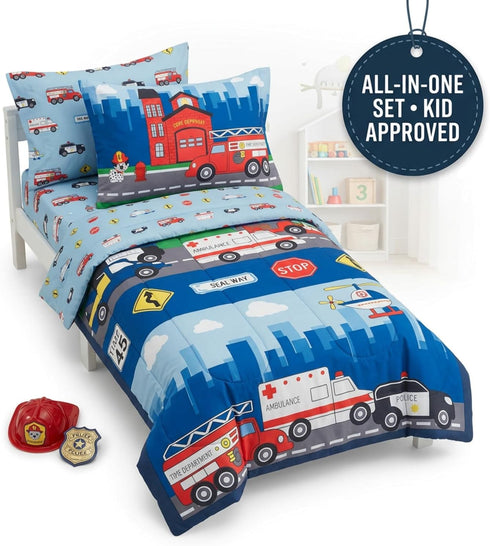 4 Set EVERYDAY KIDS Piece Toddler Bedding -Fire and Police Rescue- Includes Comforter, Flat Sheet, Fitted Sheet