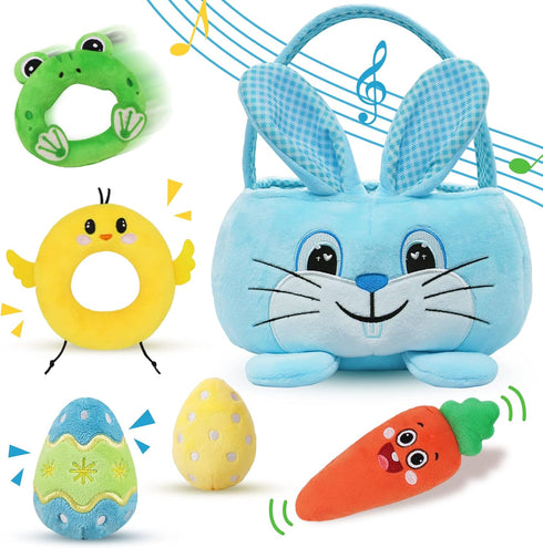 Baby's First Easter Basket Playset, 6ct Stuffed Plush Easter Basket with Bunny, Chick, Carrot, Egg, Frog Toys