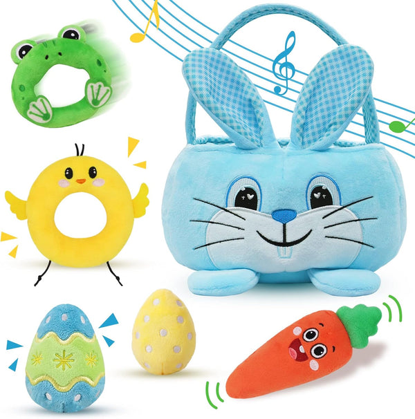 Baby's First Easter Basket Playset, 6ct Stuffed Plush Easter Basket with Bunny, Chick, Carrot, Egg, Frog Toys