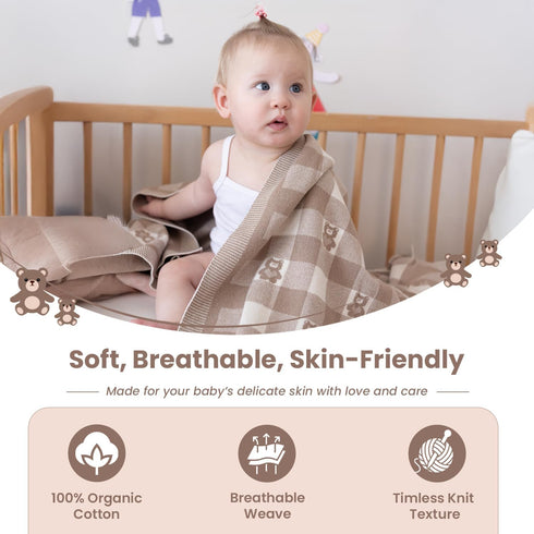 30x40 Inches, 100% Gender-Neutral Checkered Baby Blanket Mocha Teddy Bear Organic GOTS Certified Cotton, Soft