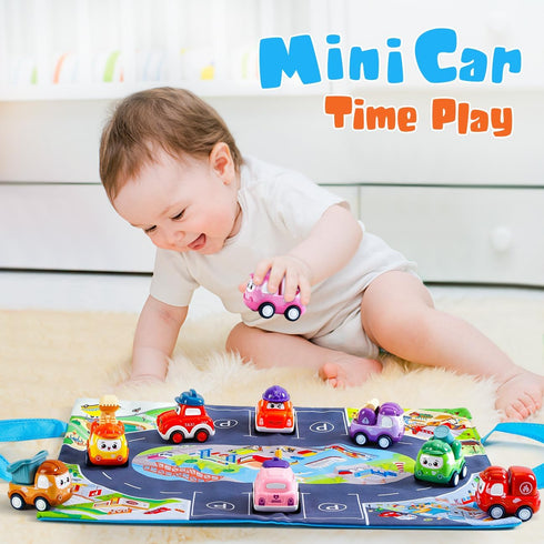 Mini Car Toys for 1 Year Old Boy, 12 Sets Pull-Back Trucks with Playmat, Gifts for Toddlers Age 1-2