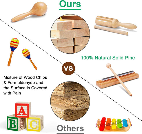 LOOIKOOS Toddler Musical Instruments, Natural Wooden Percussion Toy Set for Kids with Storage Bag