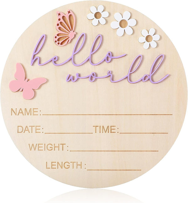 Ajcotahm Hello World Newborn Sign, 5.9 Inch Wooden Baby Announcement Sign Pink Butterfly