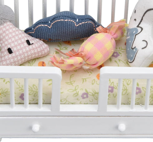 Dollhouse Crib 1:12 Miniature Baby DIY Accessories with 4 Cushions for Dollhouse Room