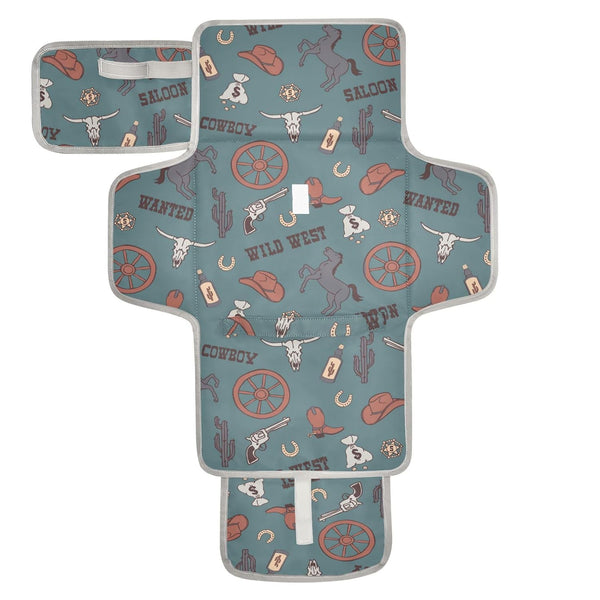 Cowboy Teal Blue Portable Changing Pads, Wild West Toddler Changing Mat Station Pad for Infants, Reusable Diaper