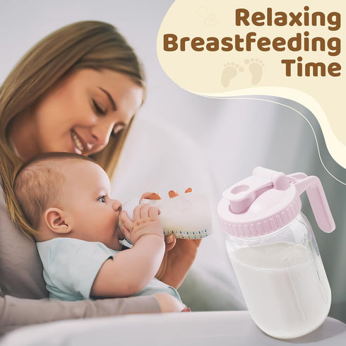 AoeJarry 32 oz Breast Milk Pitcher with Leak Proof Flip Cap & Pour Spout, Wide Mouth Mason Jars for Breast Milk Storage