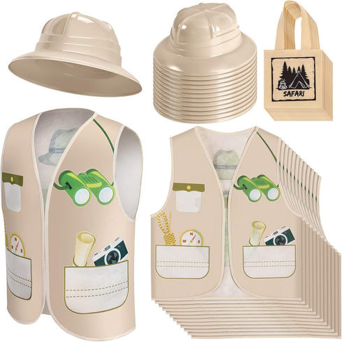 Haysandy 36 Pcs Explorer Costume Set with Plastic Hats, Jungle Party Vest, Safari Tote Bag for Kids Outdoor Activity