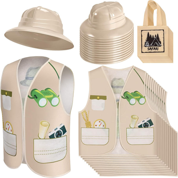 Haysandy 36 Pcs Explorer Costume Set with Plastic Hats, Jungle Party Vest, Safari Tote Bag for Kids Outdoor Activity