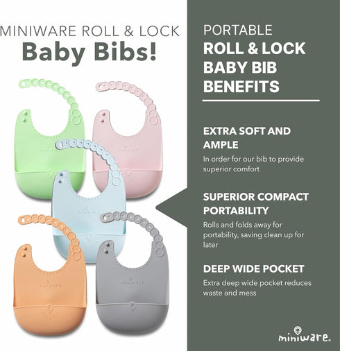 Set Set Miniware Sensory Starter with Sensory Baby Bowl, Baby Spoon, Roll & Lock Bib - Easy to Clean Baby Feeding