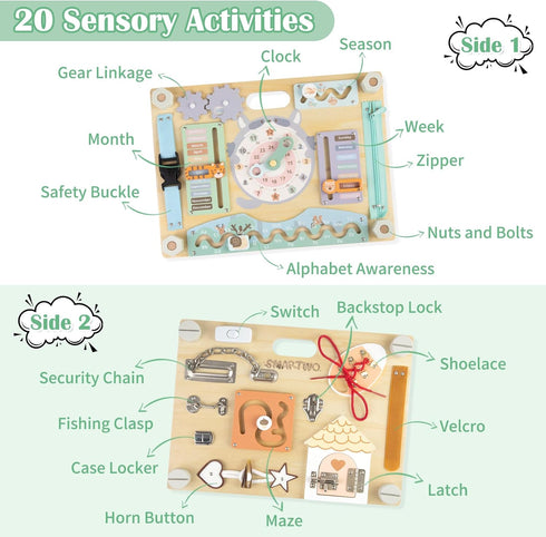 Double-Sided Wooden Busy Board for Toddlers, Montessori Travel Sensory Activity Toy for Kids Age 2-5, Ideal for Birthday