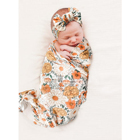 Konssy Baby Girl Newborn Receiving Blanket with Floral Motif Headband Set, Nursery Swaddle Wrap