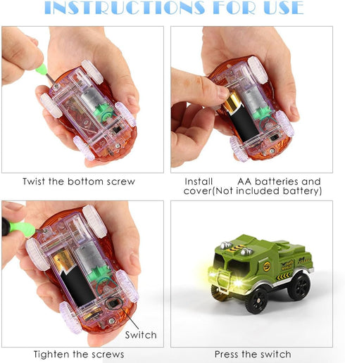 Tracks Cars Replacement - Glow in The Dark Car Tracks Accessories with 3 Flashing LED Lights for Kids (4 pack)