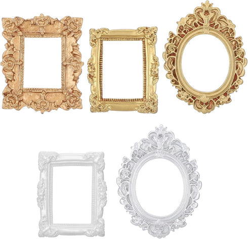 Heclia 5 Pcs Miniature Picture Frames Vintage Dollhouse Photo Frames with Carved Golden Edges for Wall Hanging Desktop