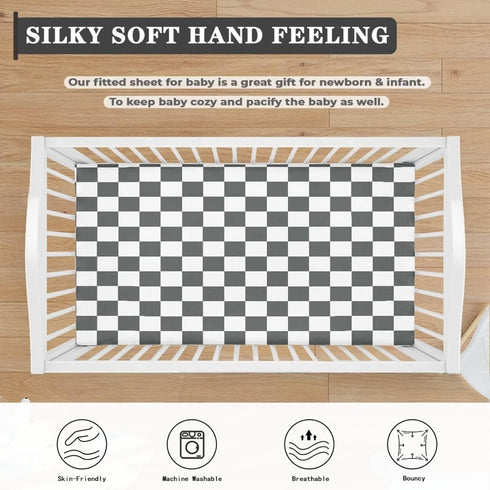 JIANADAER 28"x52", Checkered Fitted Crib Sheet Grey and White Plaid Geometric Gingham Standard Crib Mattress Fitted
