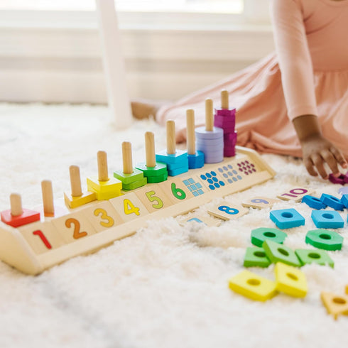 Melissa & Doug Counting Shape Stacker, Wooden Educational Toy with 55 Shapes and 10 Number Tiles for Kids