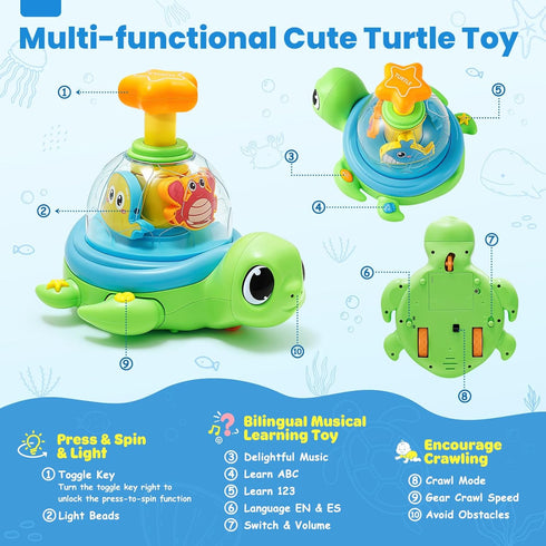 6-12 1 Tummy 7 8 9 10 11 Baby Crawling Toys Months, Musical Light-up Toys for Year Old, Press to Spin Turtle for Cause