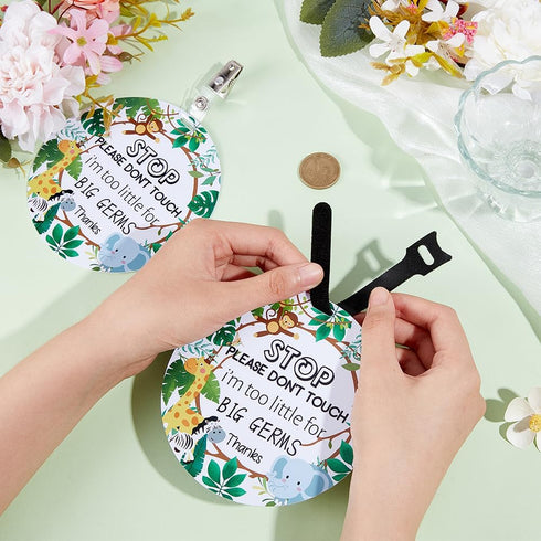 2 Pack No Touching Baby Car Seat Sign, No Kissing Baby Stroller Tag with Hanging Straps and Clip, Please Dont Touch Baby Safety Sign for Baby Girl Boy, Green Leaves and Cute Animals Pattern
