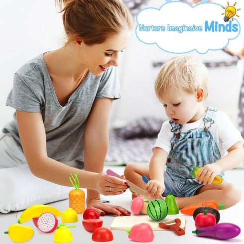 Sets 3+ Wooden Play Food for Kids Kitchen - Cutting Fruits and Veggies Toddler Toys Pretend Food Play Kitchen